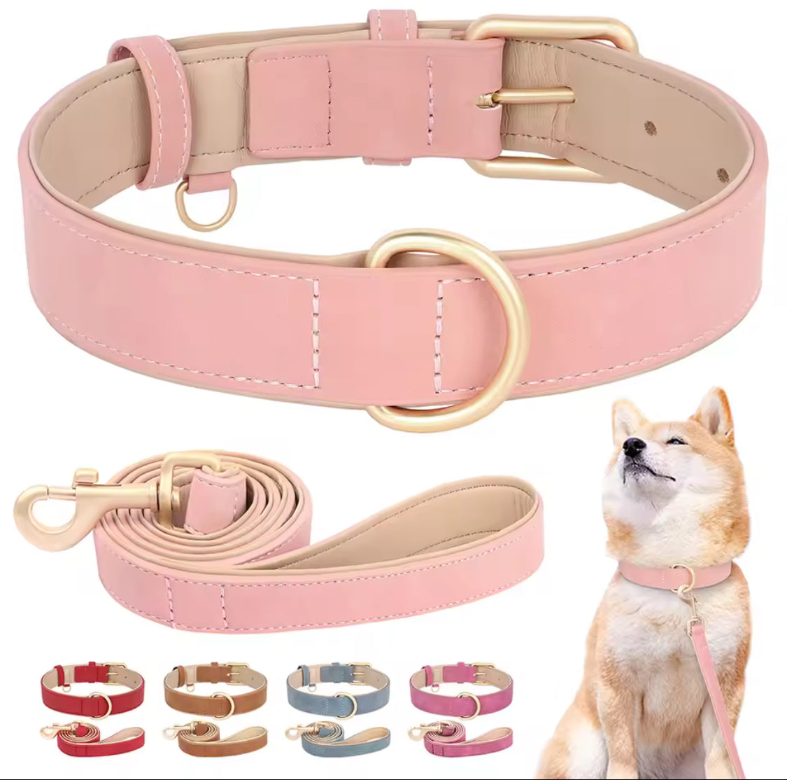Soft Padded PU Leather Dog Collar & Leash Set for Small Dogs