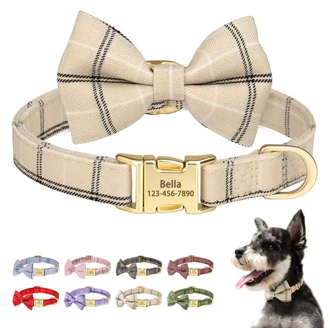 Personalized Dog Collar with Bowtie | Custom Engraved Pet Collar