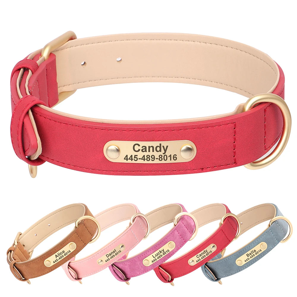 Personalized PU Leather Dog Collar Free Engraved Name ID