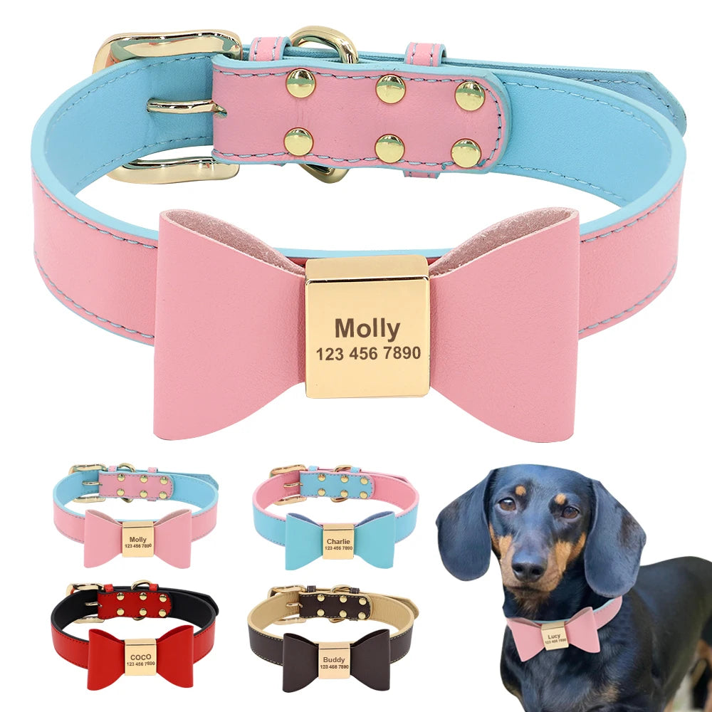 Personalized Dog & Cat Collar Leather ID Name Collar with Bow