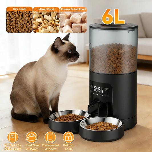 6L Automatic Dual Bowl Pet Feeder Timed Cat & Dog Food Dispenser