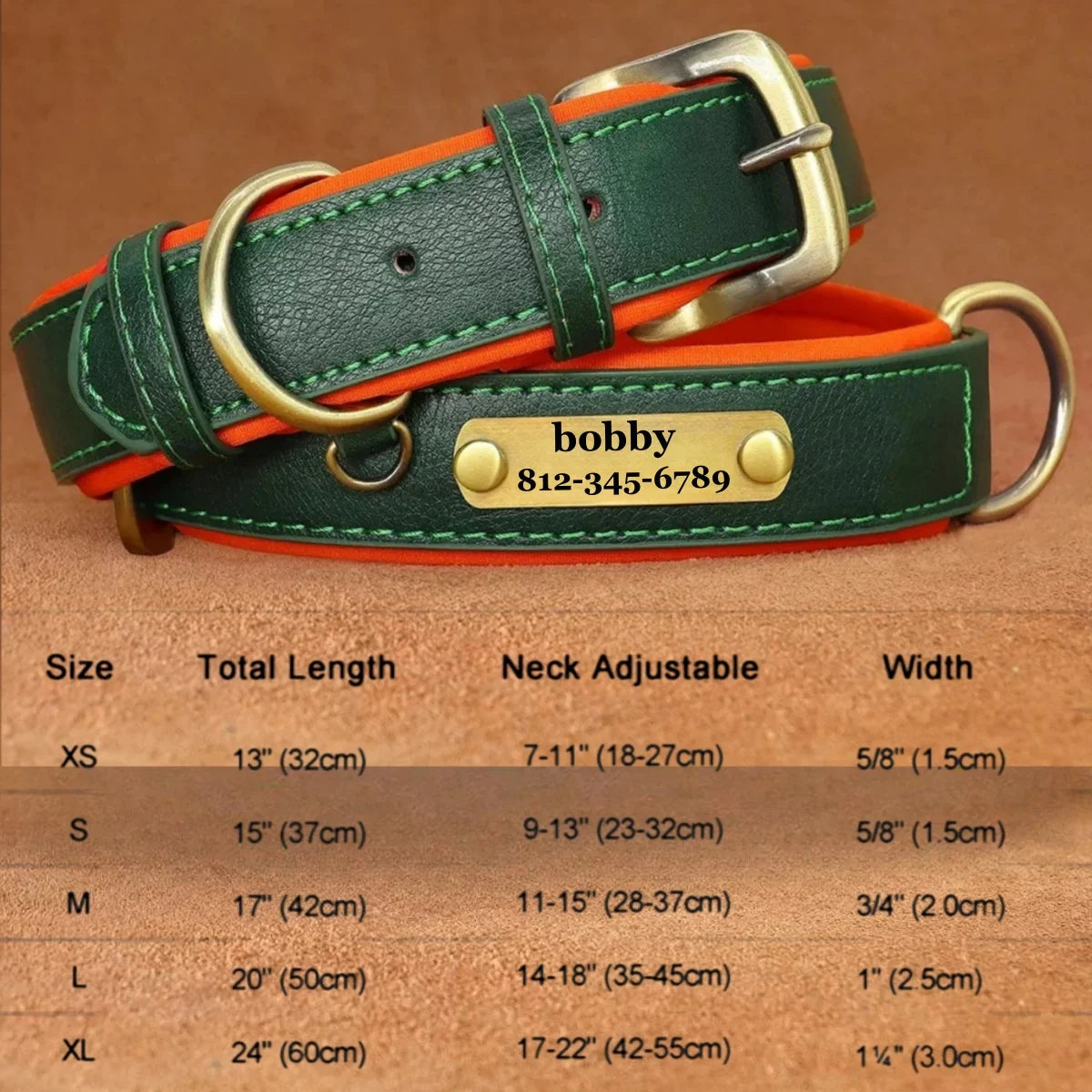 Customizable Leather Dog Collar Engraved Nameplate & ID Tag