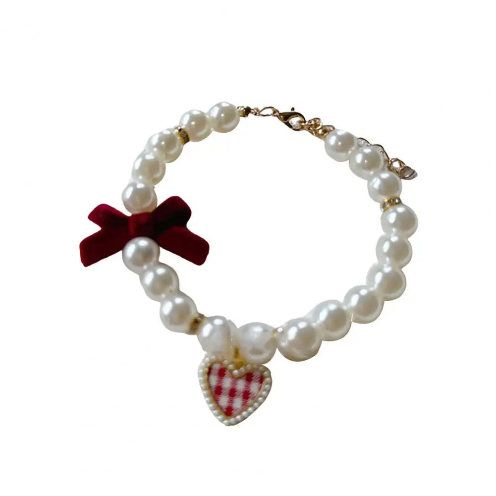 Faux Pearl Pet Collar Adjustable Dog & Cat Collar with Bow Charm
