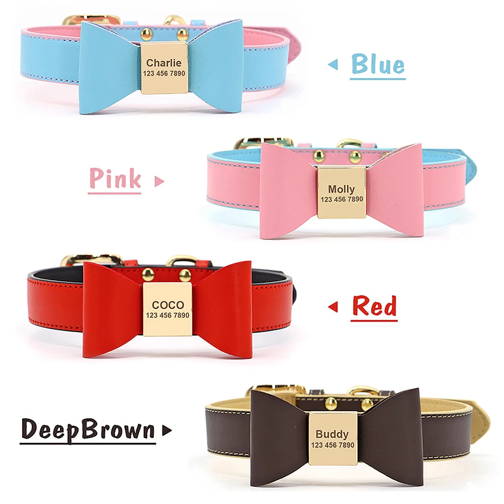 Personalized Dog & Cat Collar Leather ID Name Collar with Bow