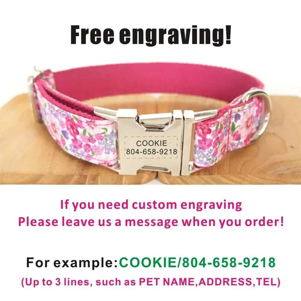 Personalized Pet Collar Adjustable Nameplate ID Tag Pink Flower