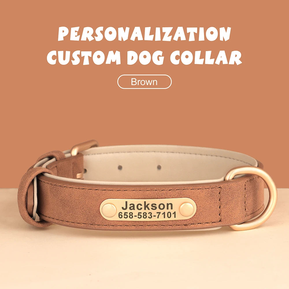 Personalized PU Leather Dog Collar Free Engraved Name ID