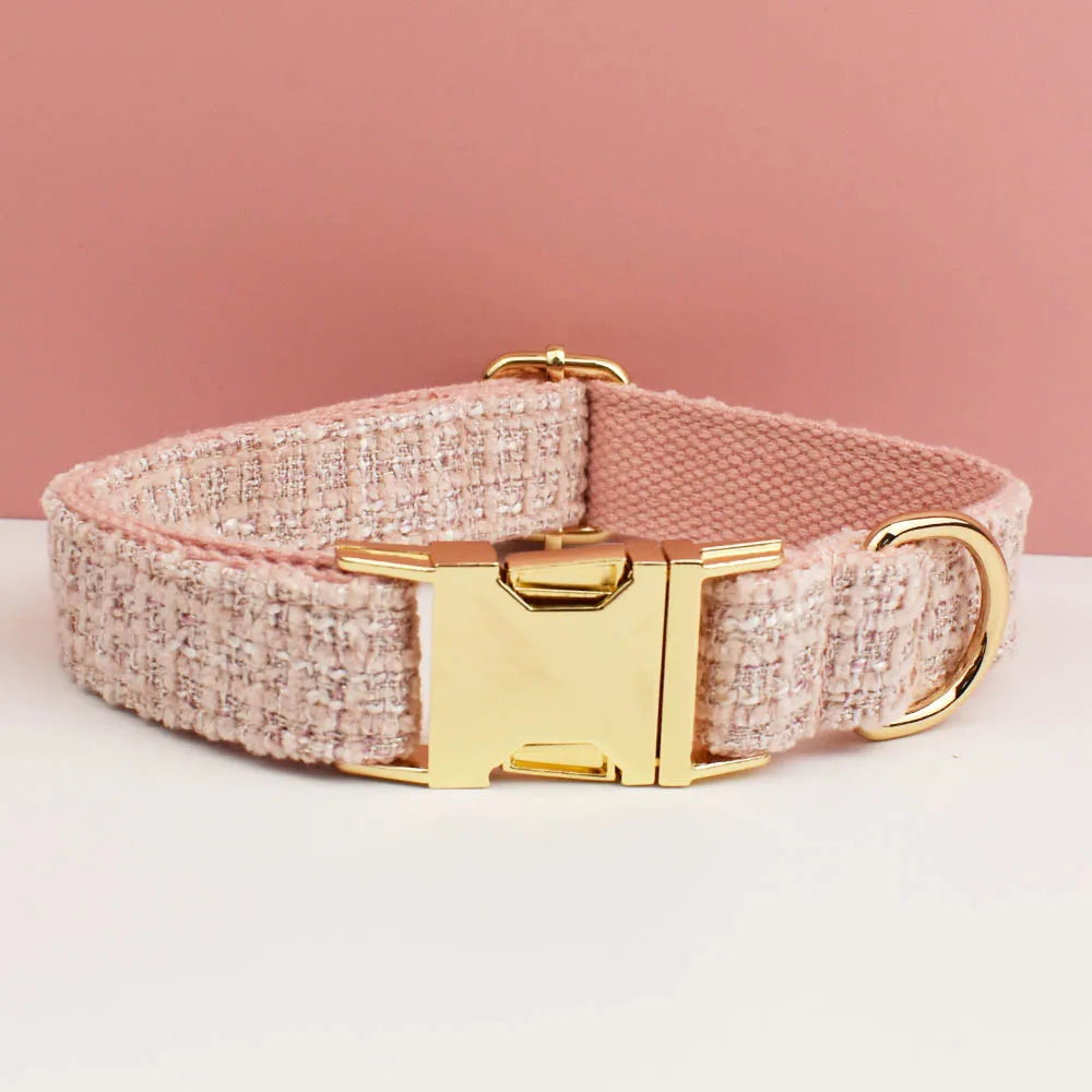 Customized Pink Velvet Dog Collar Set Engraved ID Nameplate