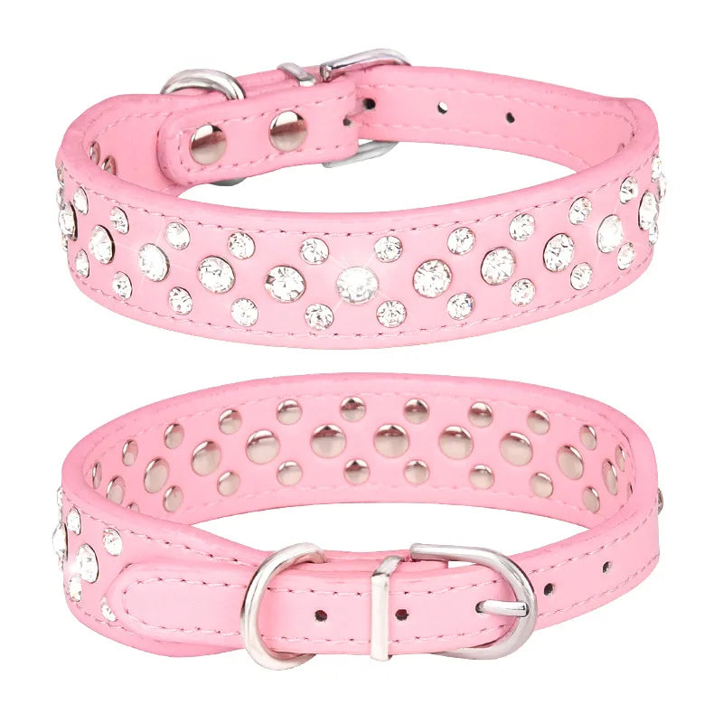 Rhinestone PU Pet Collar Adjustable Collar for Cats & Small Dogs