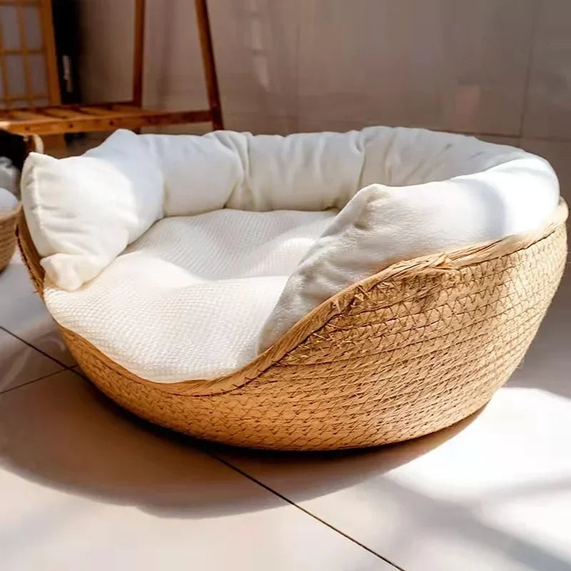 Soft Pet Bed Bamboo Woven Dog & Cat Bed with Removable Cushion