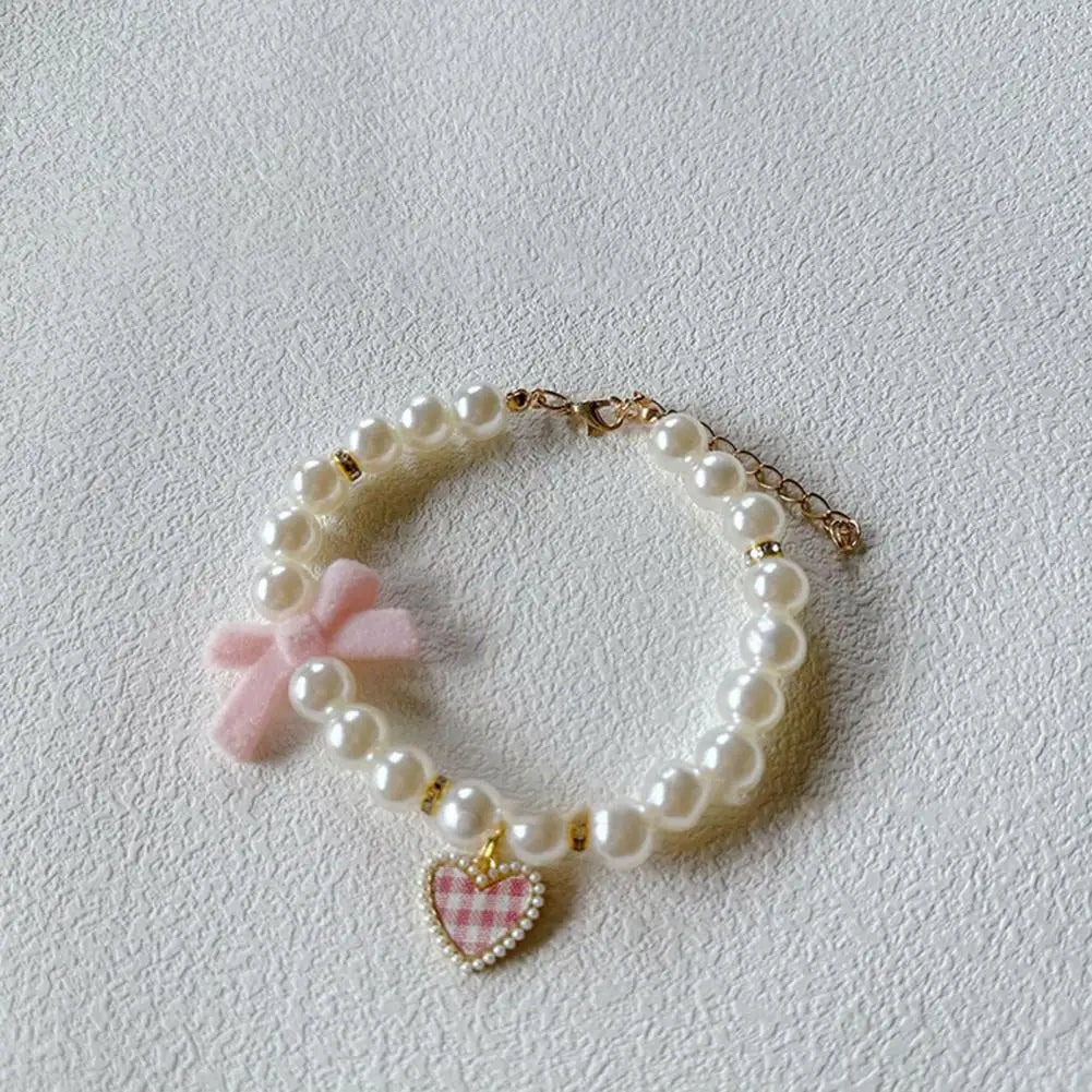 Faux Pearl Pet Collar Adjustable Dog & Cat Collar with Bow Charm