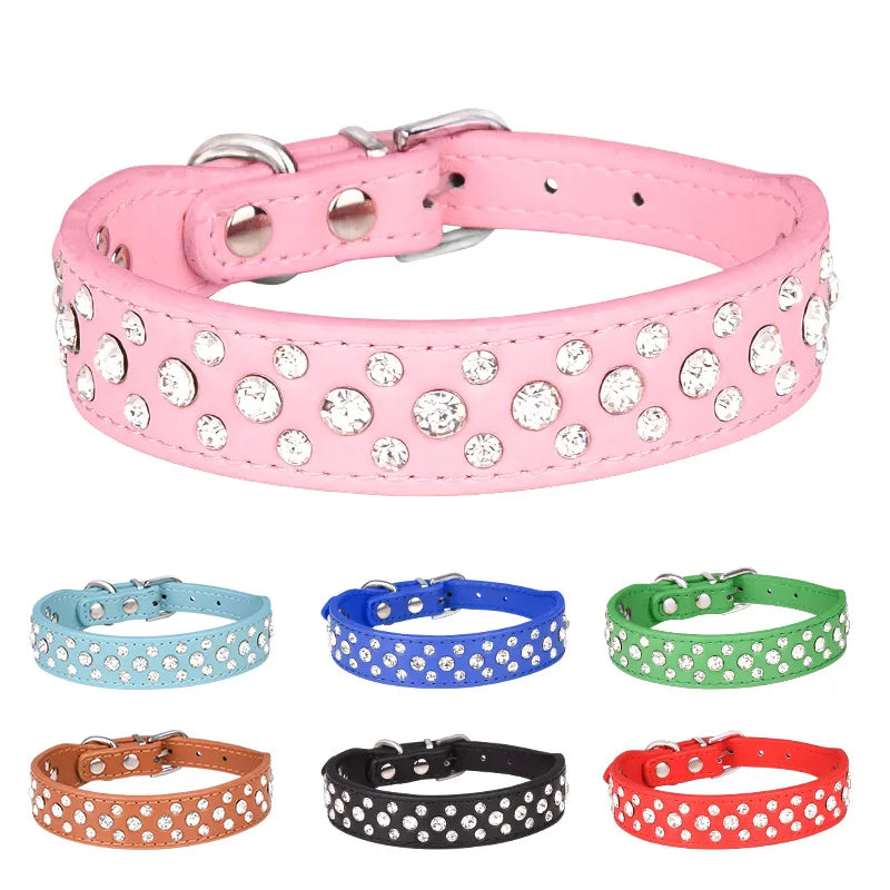 Rhinestone PU Pet Collar Adjustable Collar for Cats & Small Dogs