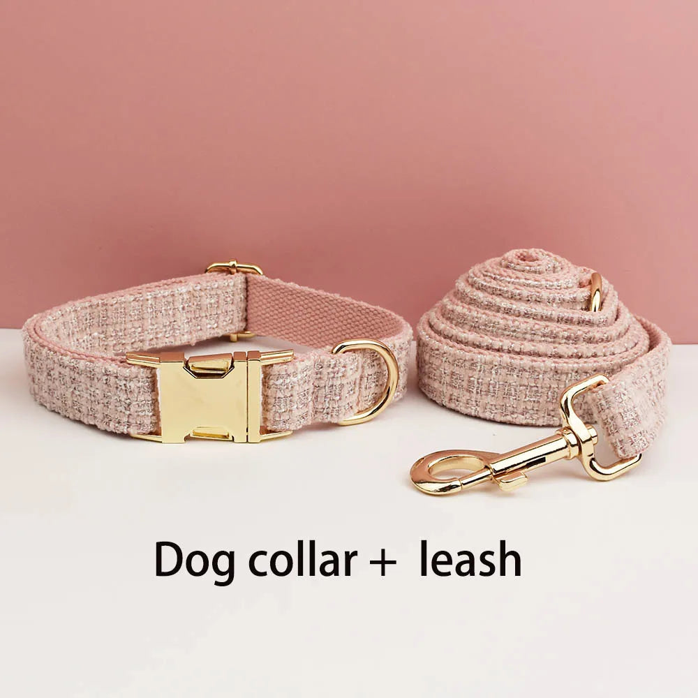 Customized Pink Velvet Dog Collar Set Engraved ID Nameplate