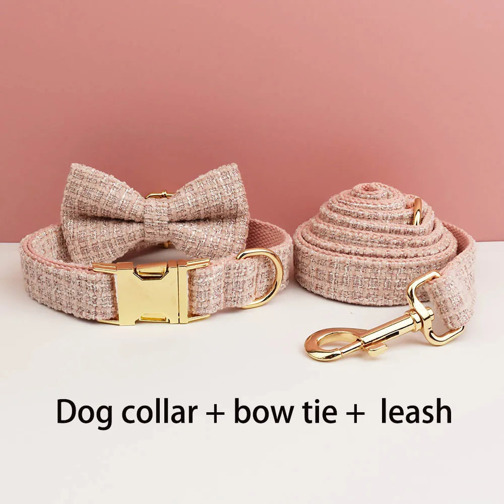 Customized Pink Velvet Dog Collar Set Engraved ID Nameplate