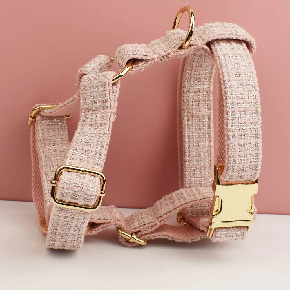 Customized Pink Velvet Dog Collar Set Engraved ID Nameplate