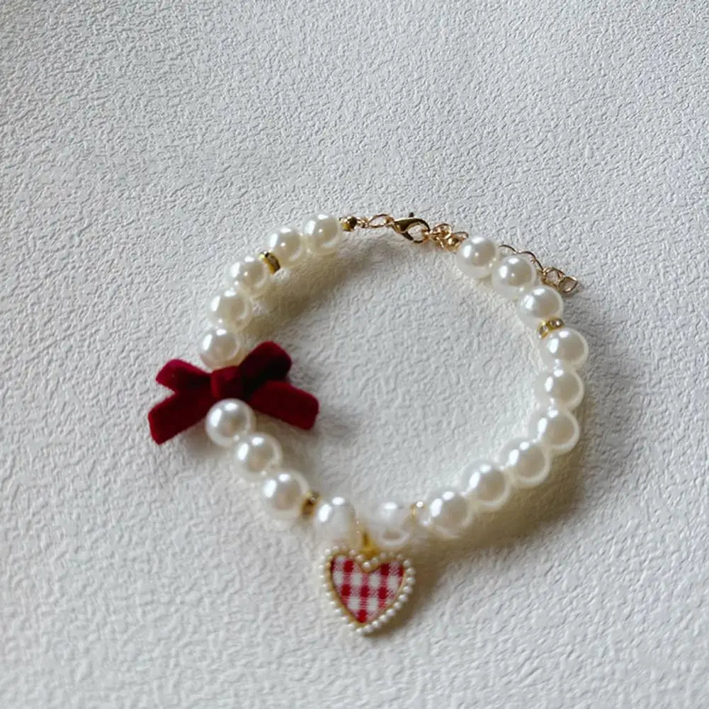 Faux Pearl Pet Collar Adjustable Dog & Cat Collar with Bow Charm