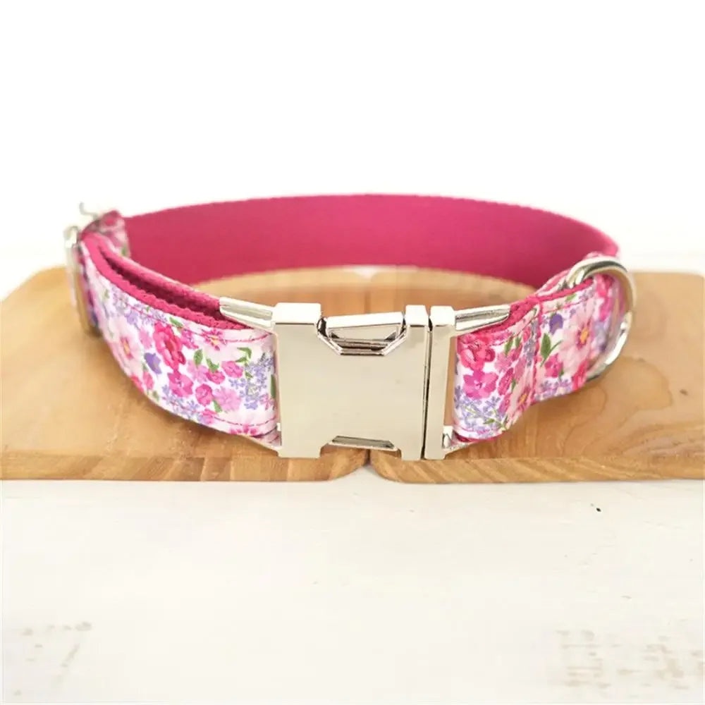 Personalized Pet Collar Adjustable Nameplate ID Tag Pink Flower