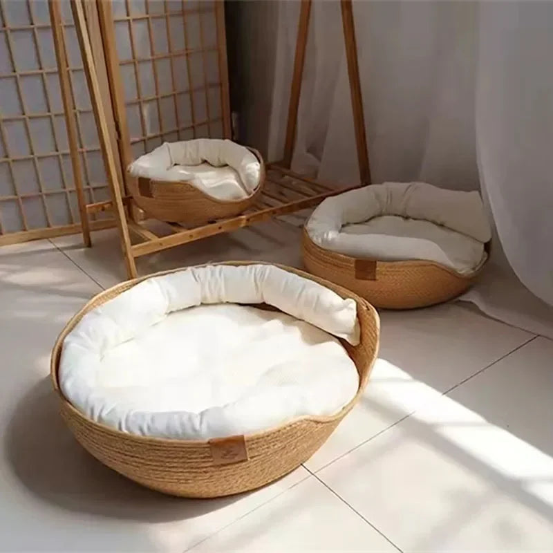 Bamboo Woven Pet Bed  Soft Removable Cushion Dog & Cat Sofa