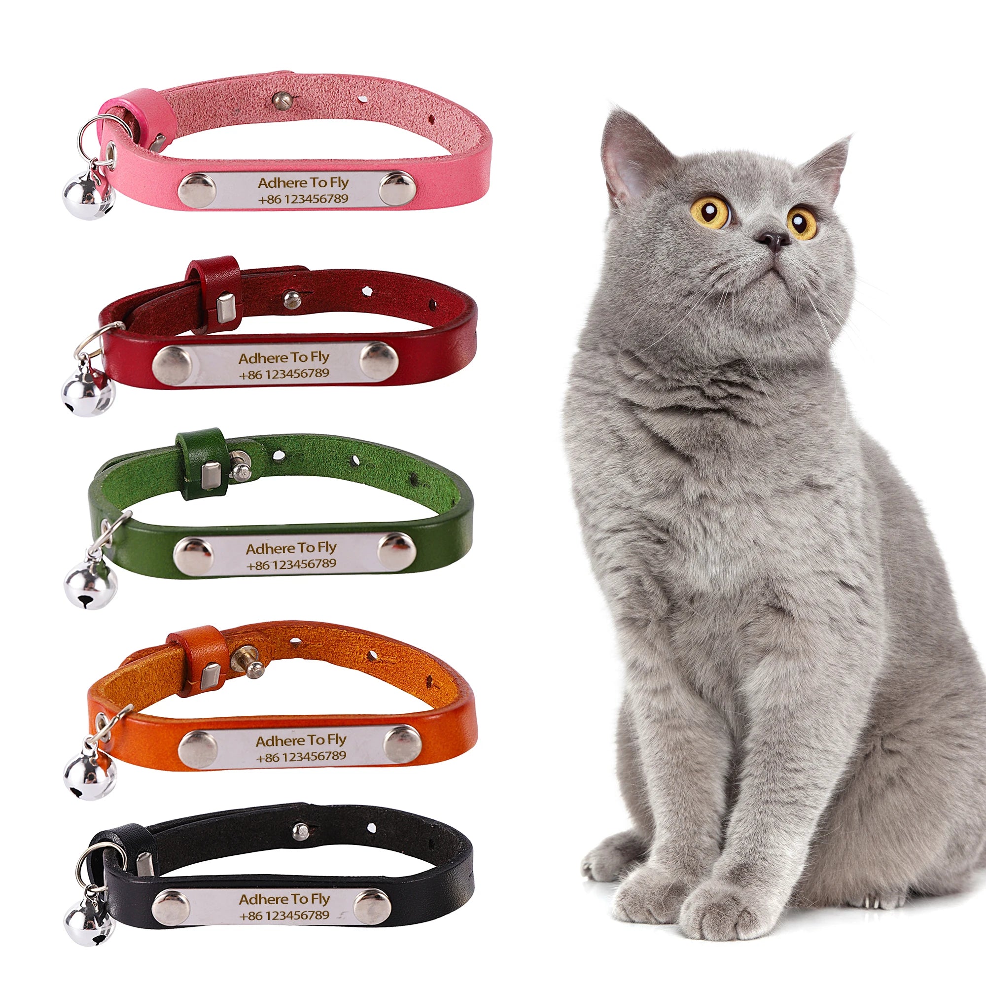 Personalized Leather Cat Collar Adjustable Anti-Loss with Bell