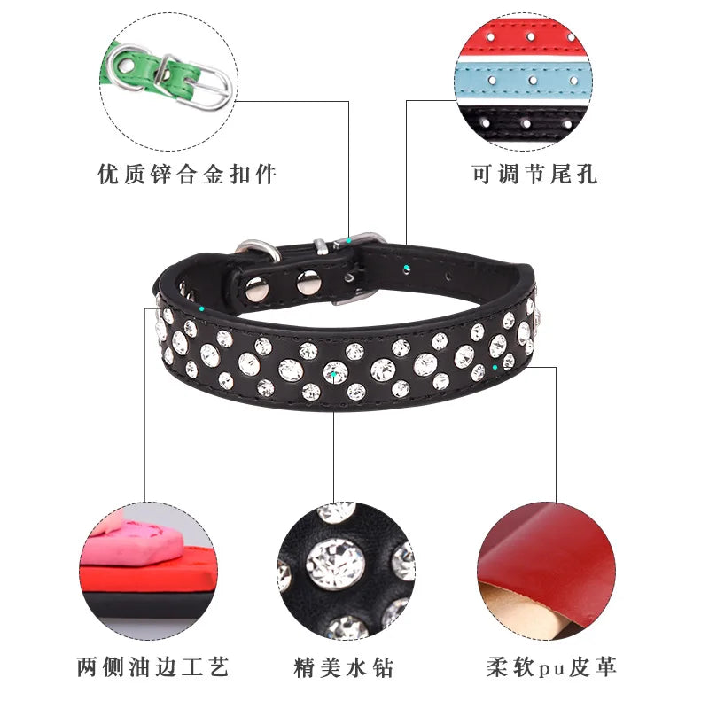 Rhinestone PU Pet Collar Adjustable Collar for Cats & Small Dogs