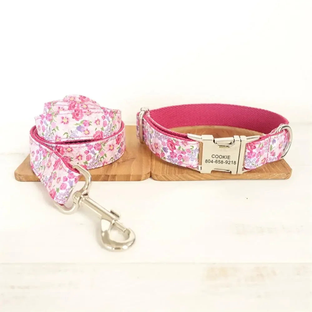 Personalized Pet Collar Adjustable Nameplate ID Tag Pink Flower