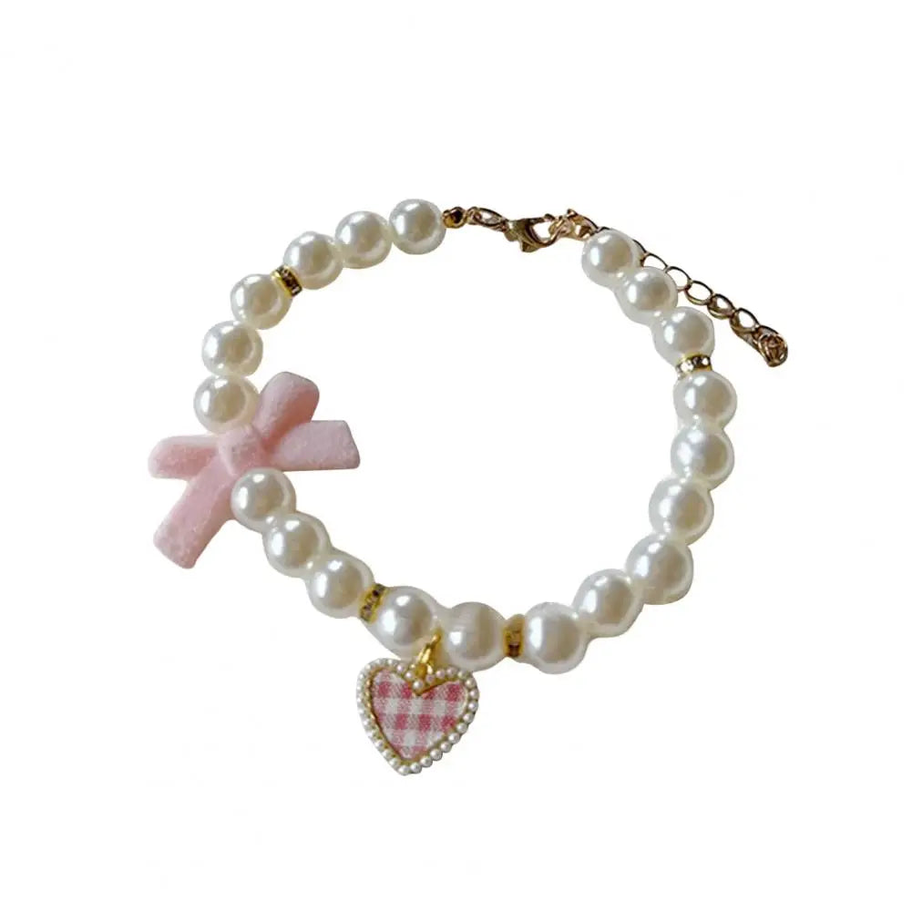 Faux Pearl Pet Collar Adjustable Dog & Cat Collar with Bow Charm