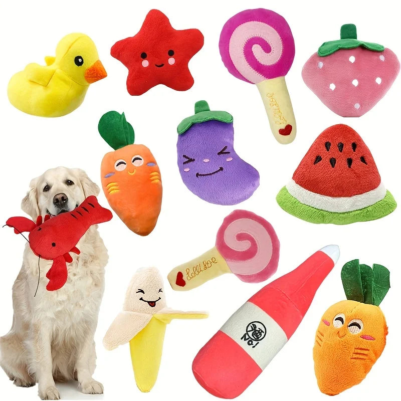 10-Piece Puppy Plush Toy Set Chew & Squeaky Fruit Toys