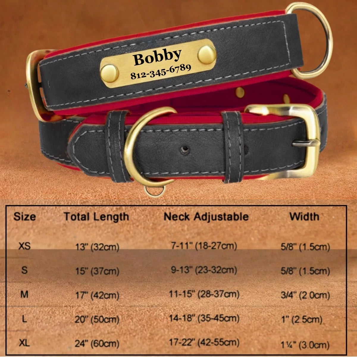 Customizable Leather Dog Collar Engraved Nameplate & ID Tag