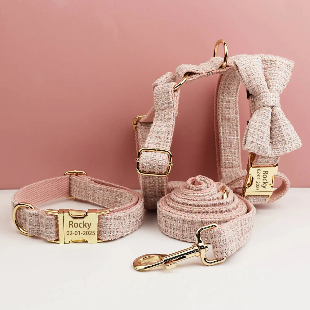 Customized Pink Velvet Dog Collar Set Engraved ID Nameplate