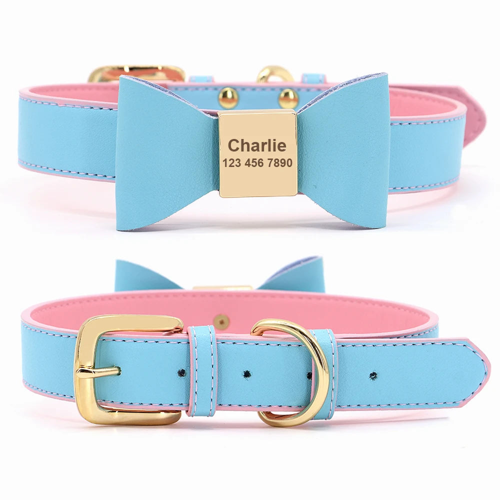 Personalized Dog & Cat Collar Leather ID Name Collar with Bow