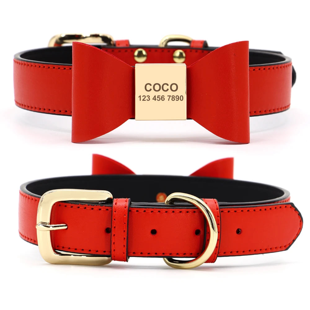 Personalized Dog & Cat Collar Leather ID Name Collar with Bow