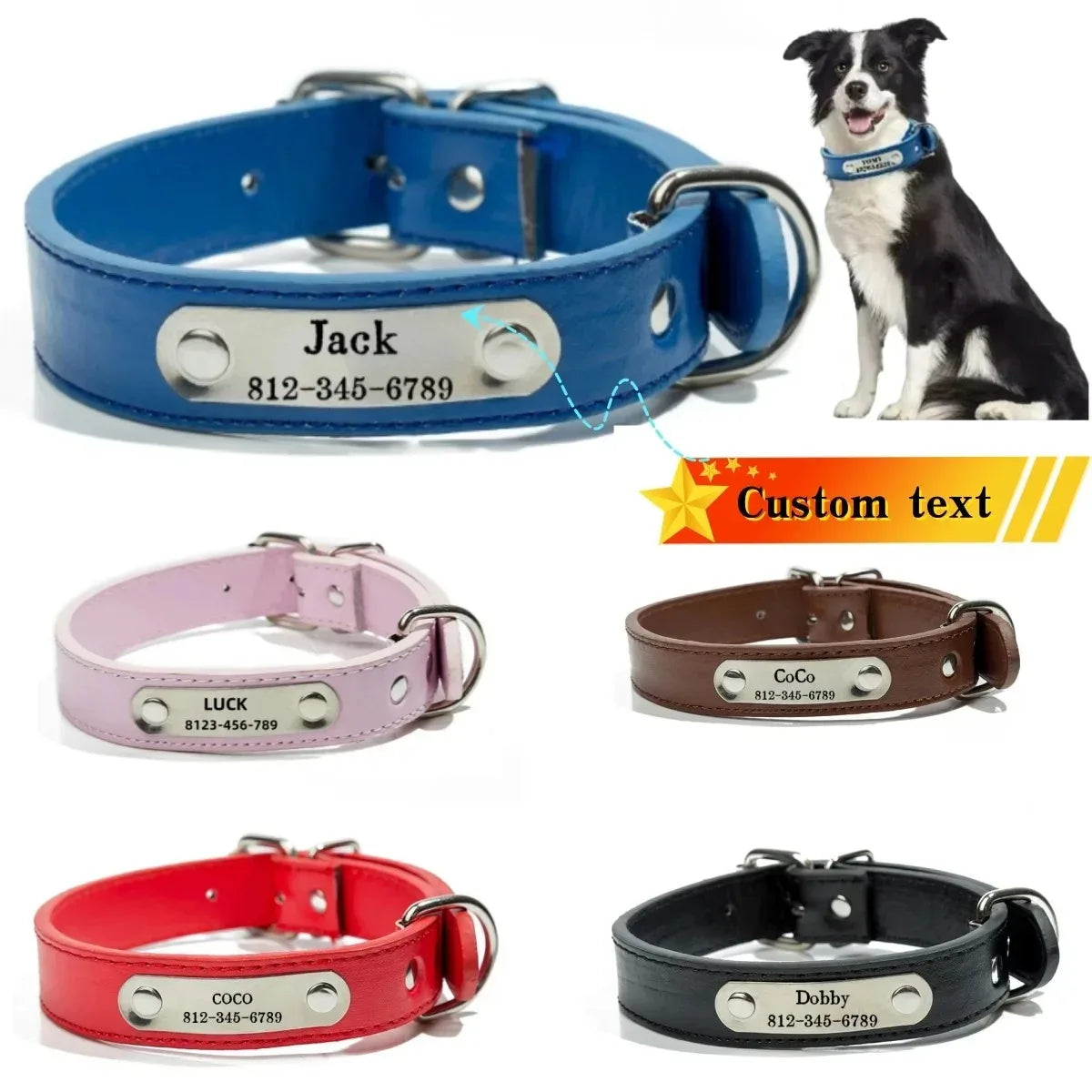 Custom Dog Collar with Engraved ID Tag Anti-Lost PU Leather
