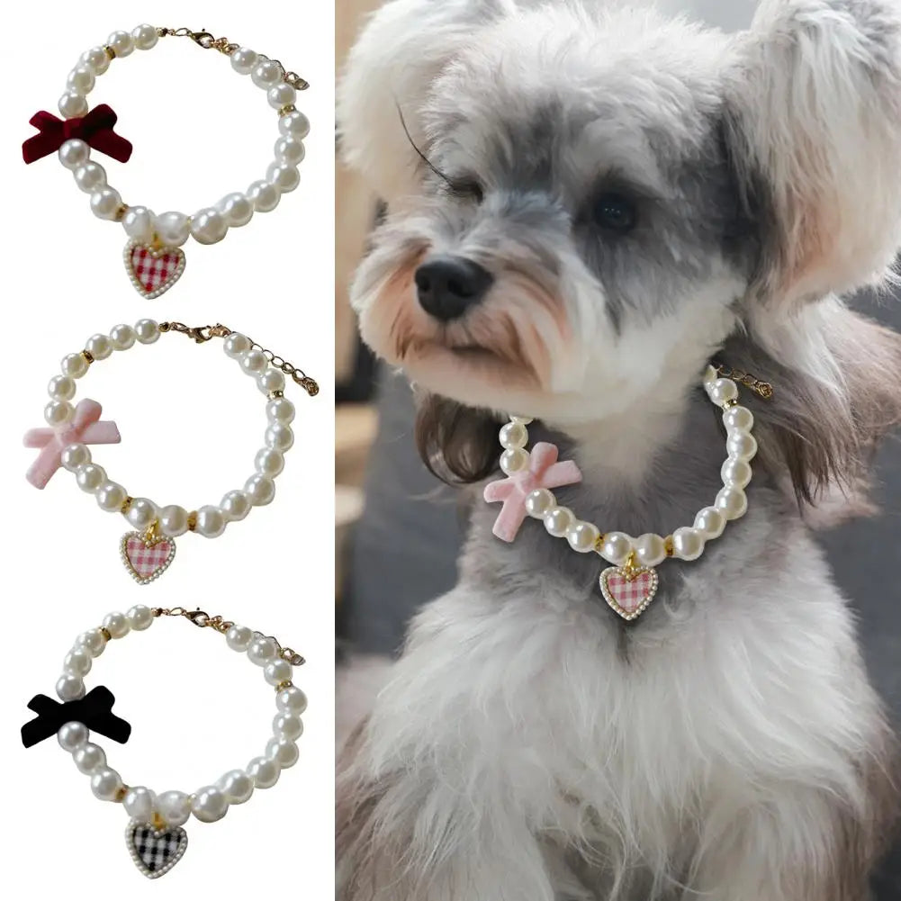 Faux Pearl Pet Collar Adjustable Dog & Cat Collar with Bow Charm