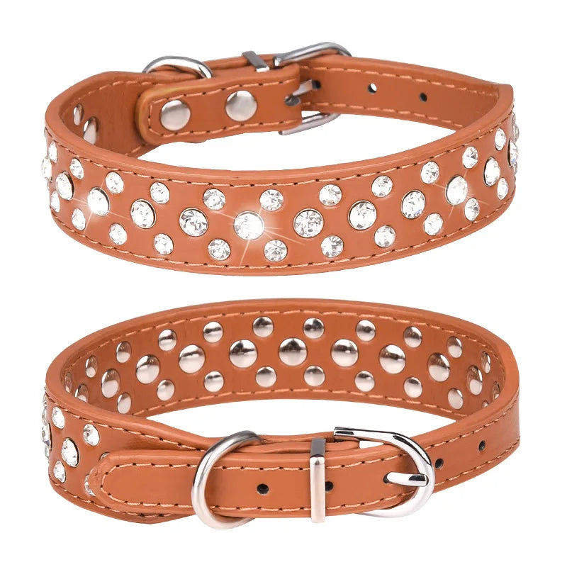 Rhinestone PU Pet Collar Adjustable Collar for Cats & Small Dogs