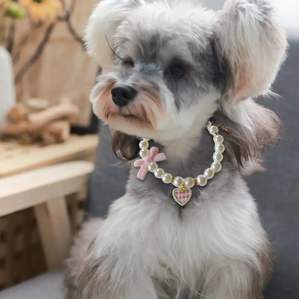 Faux Pearl Pet Collar Adjustable Dog & Cat Collar with Bow Charm