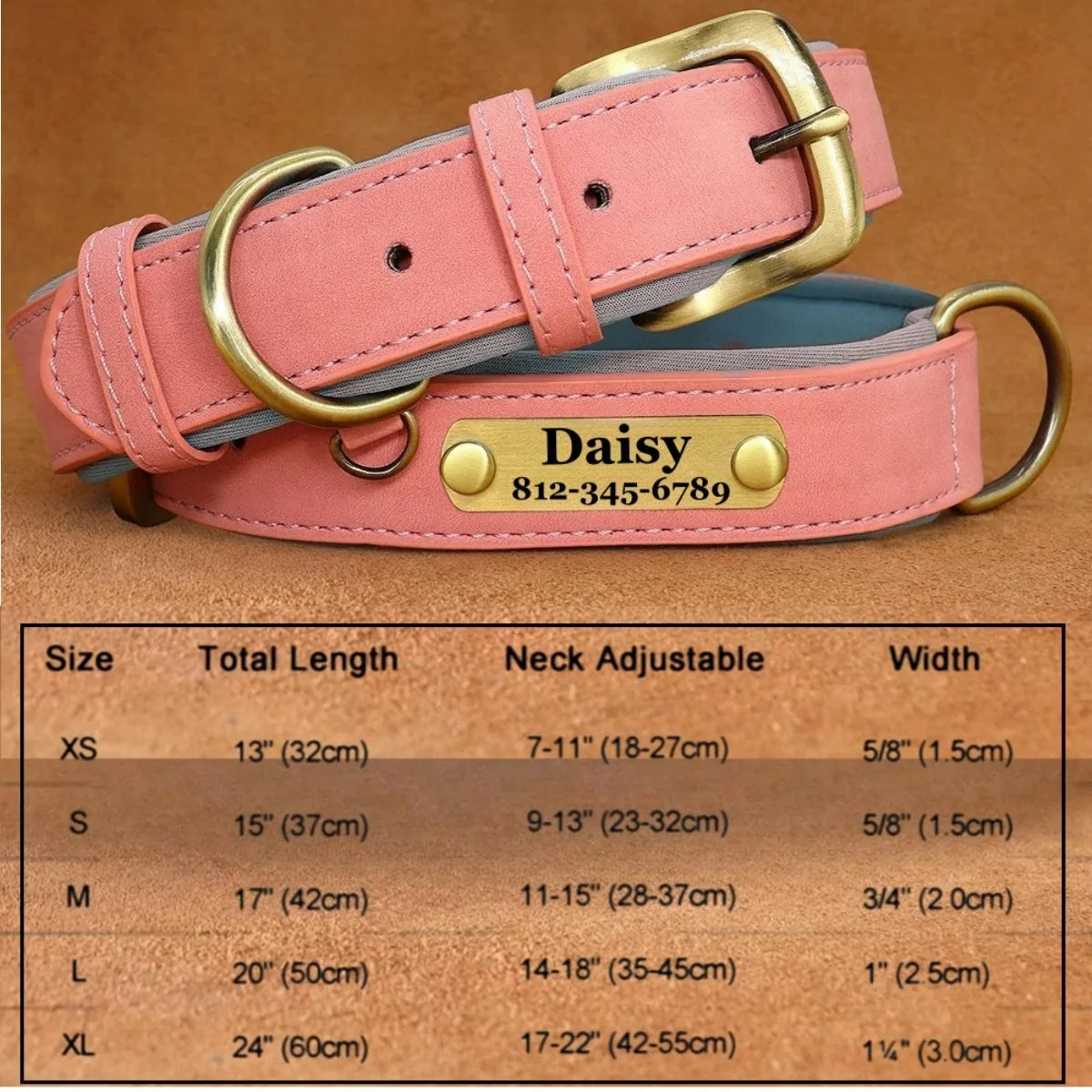 Customizable Leather Dog Collar Engraved Nameplate & ID Tag