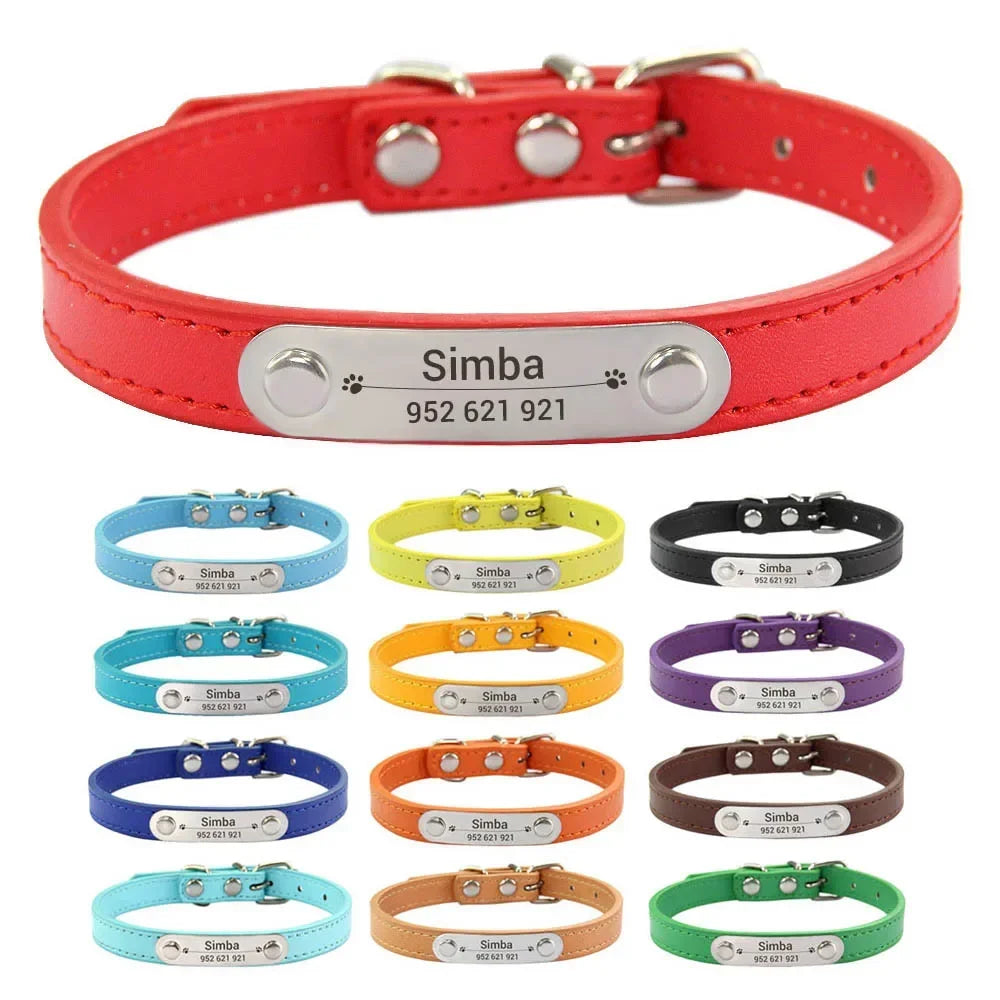 Personalized PU Leather Dog Collar Custom Name ID 16 Colors