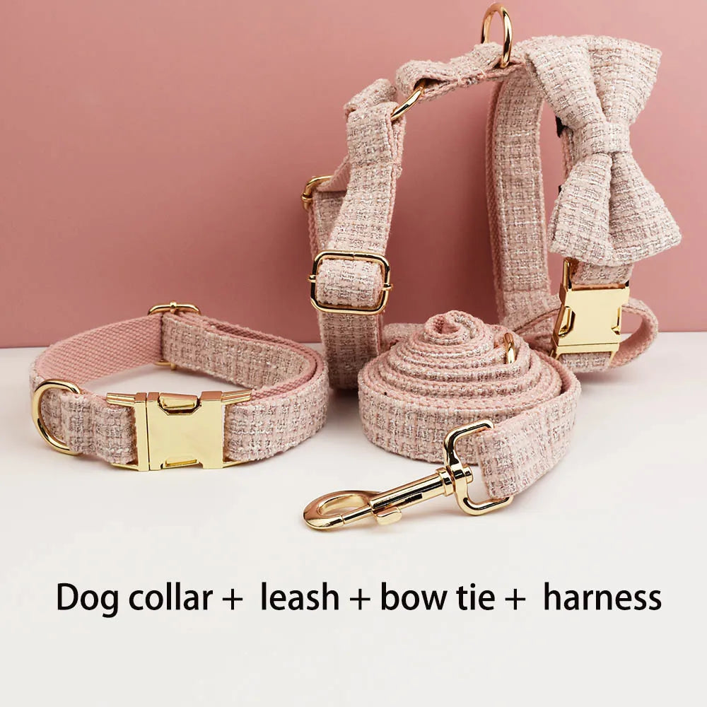 Customized Pink Velvet Dog Collar Set Engraved ID Nameplate