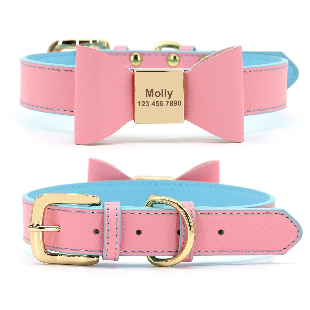 Personalized Dog & Cat Collar Leather ID Name Collar with Bow