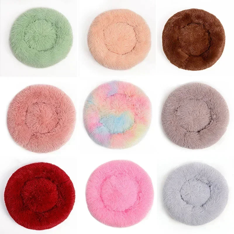 Round Plush Donut Dog Bed  Calming Sofa Bed for Cats & Dogs