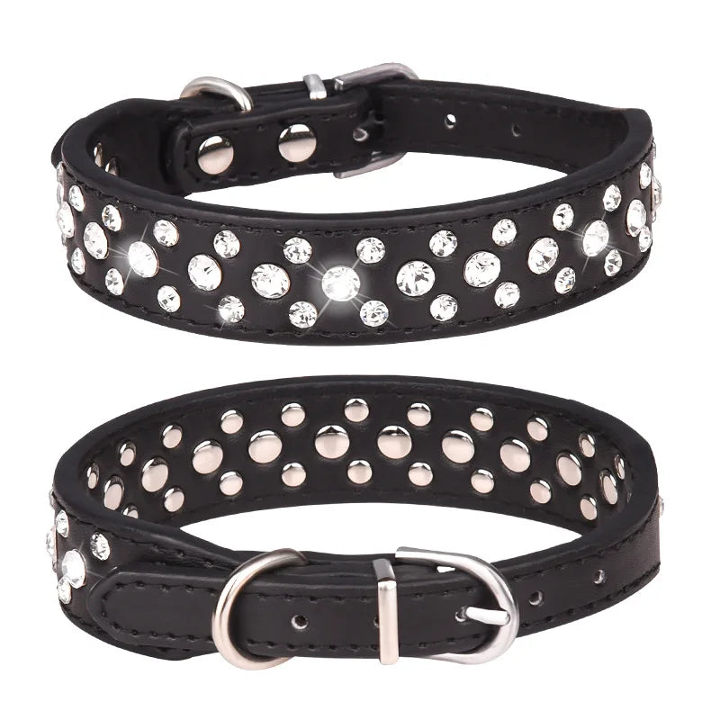 Rhinestone PU Pet Collar Adjustable Collar for Cats & Small Dogs