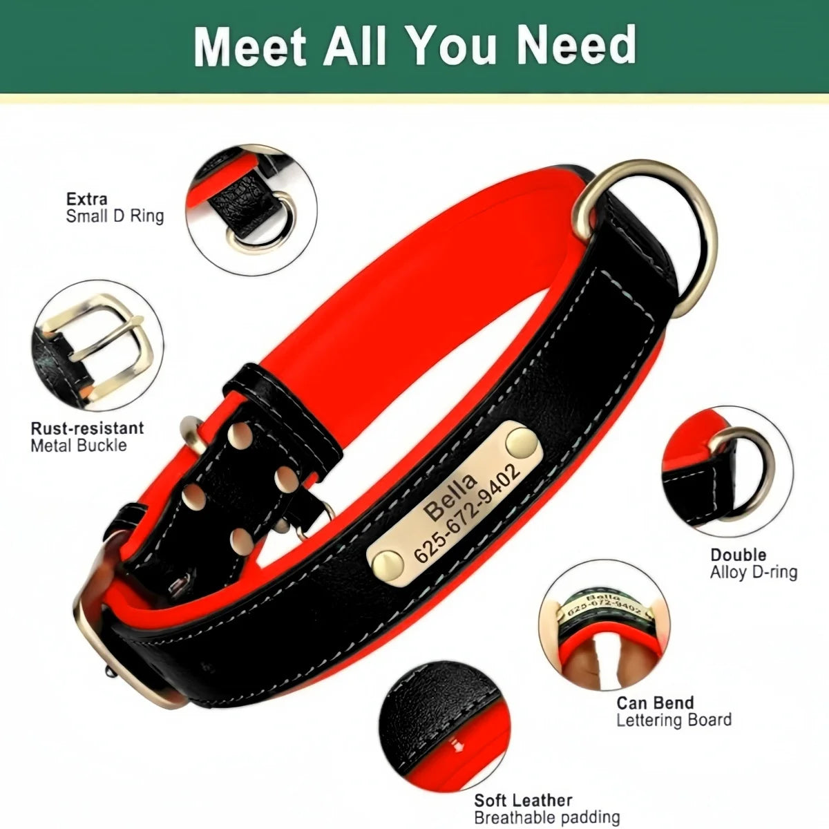Customizable Leather Dog Collar Engraved Nameplate & ID Tag