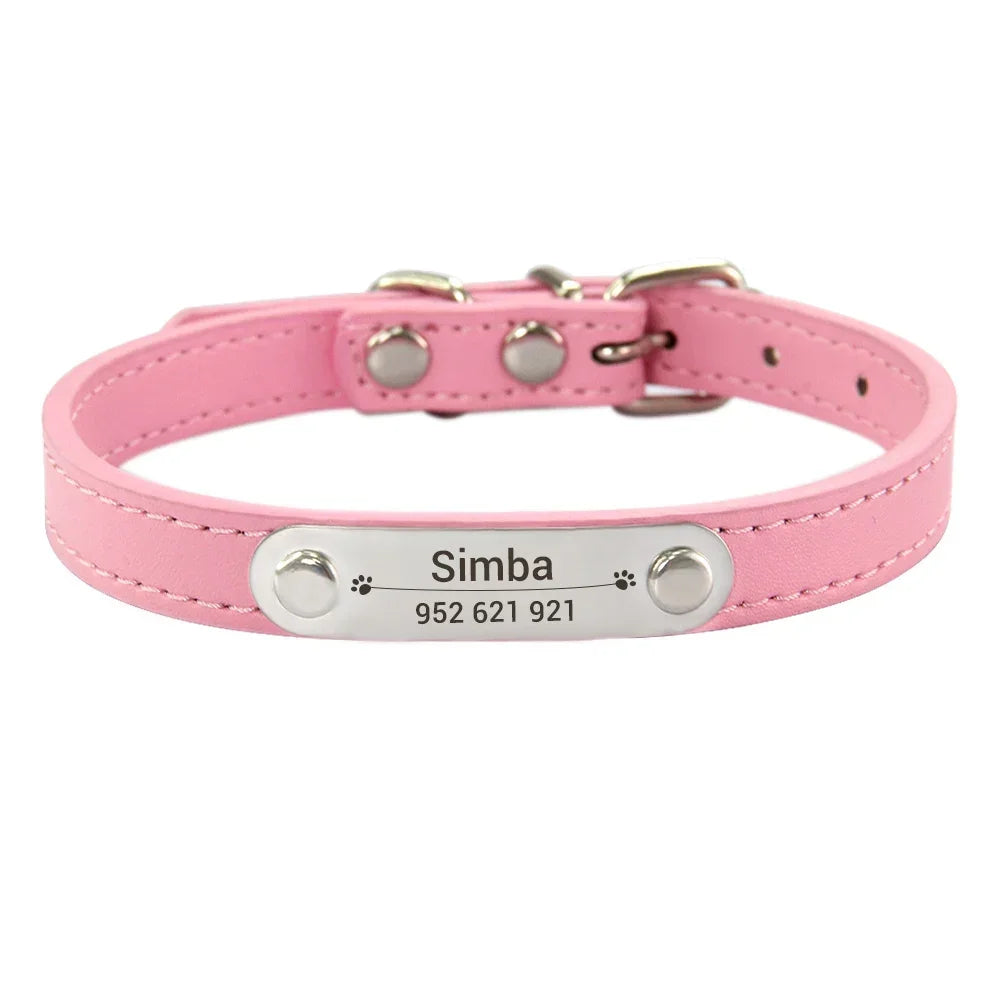 Personalized PU Leather Dog Collar Custom Name ID 16 Colors