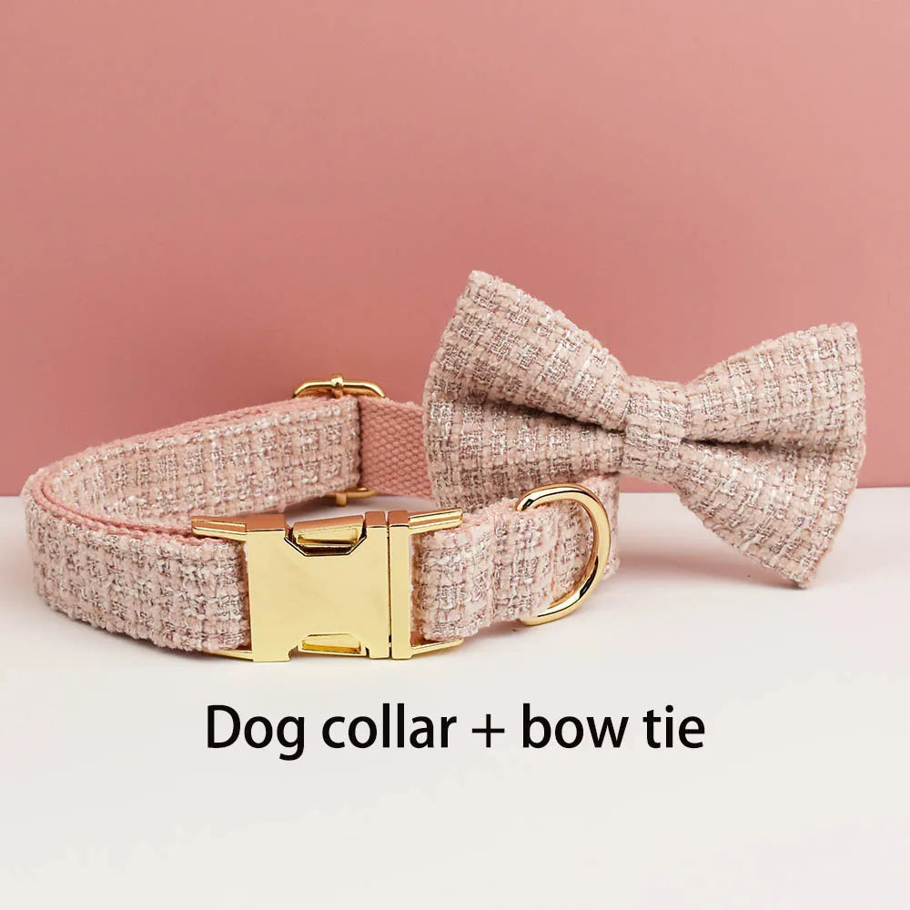 Customized Pink Velvet Dog Collar Set Engraved ID Nameplate