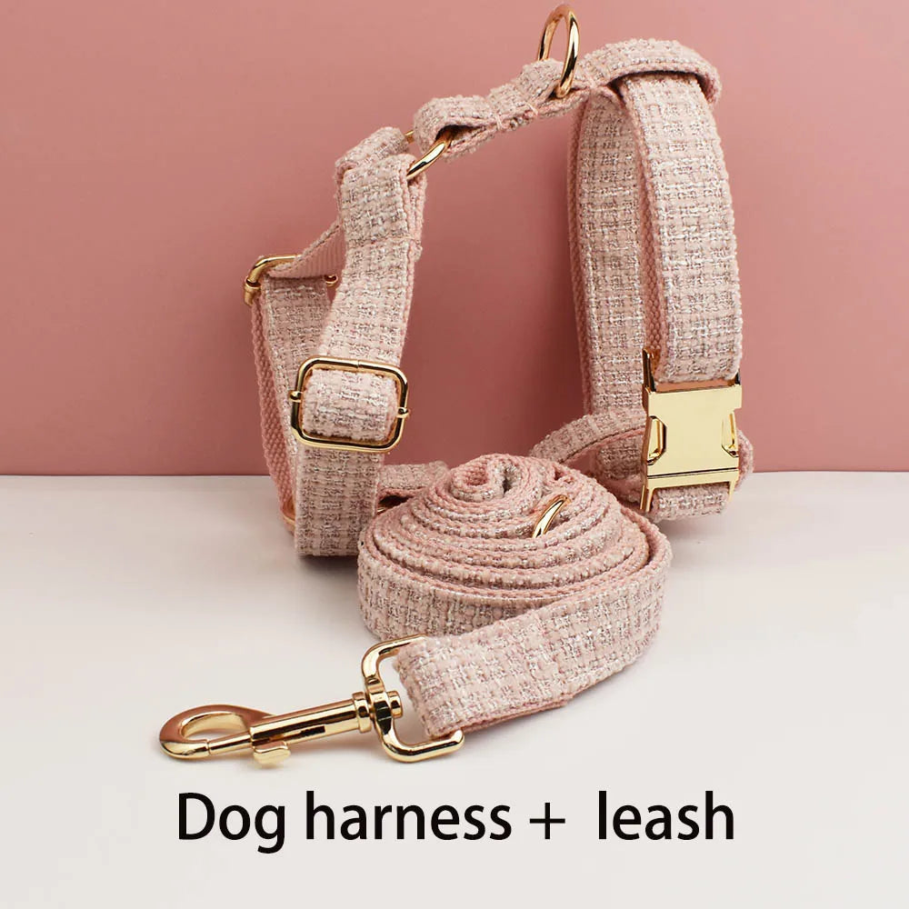 Customized Pink Velvet Dog Collar Set Engraved ID Nameplate