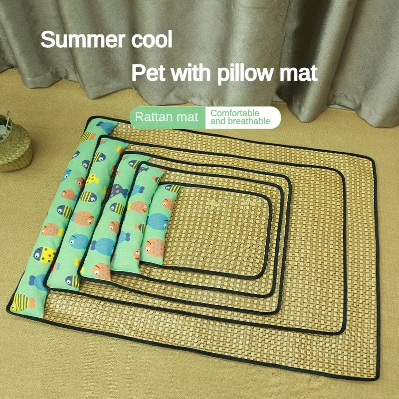 Rattan Woven Pet Bed Cooling Summer Mat for Cats & Small Dogs