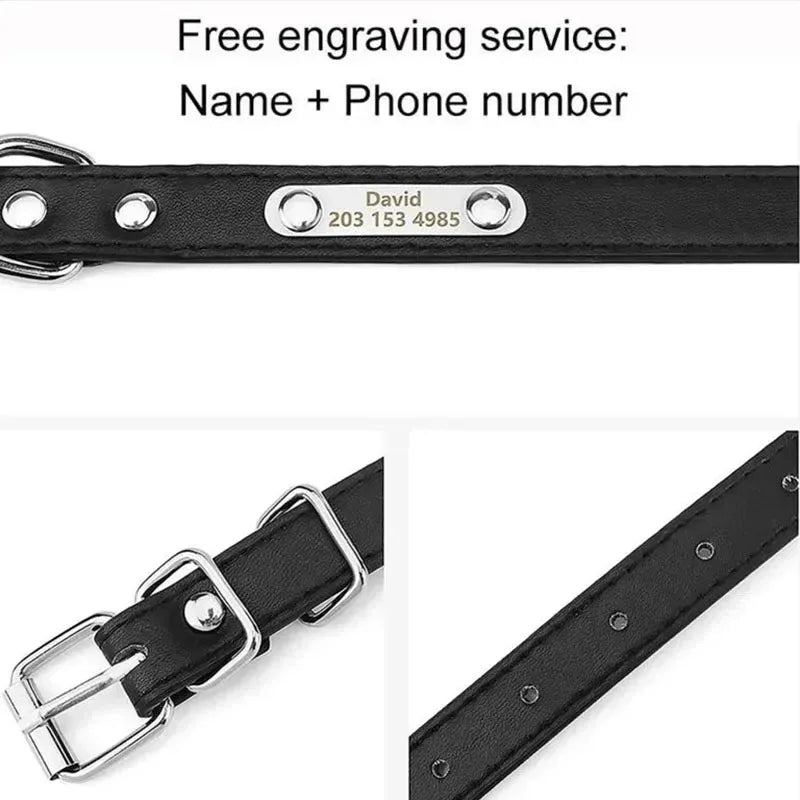 Custom Dog Collar with Engraved ID Tag Anti-Lost PU Leather