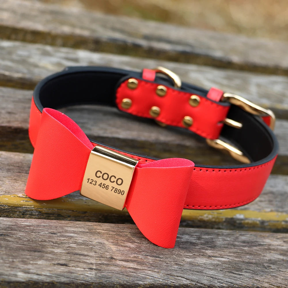 Personalized Dog & Cat Collar Leather ID Name Collar with Bow