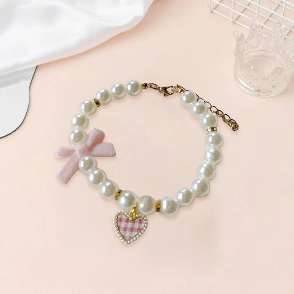 Faux Pearl Pet Collar Adjustable Dog & Cat Collar with Bow Charm