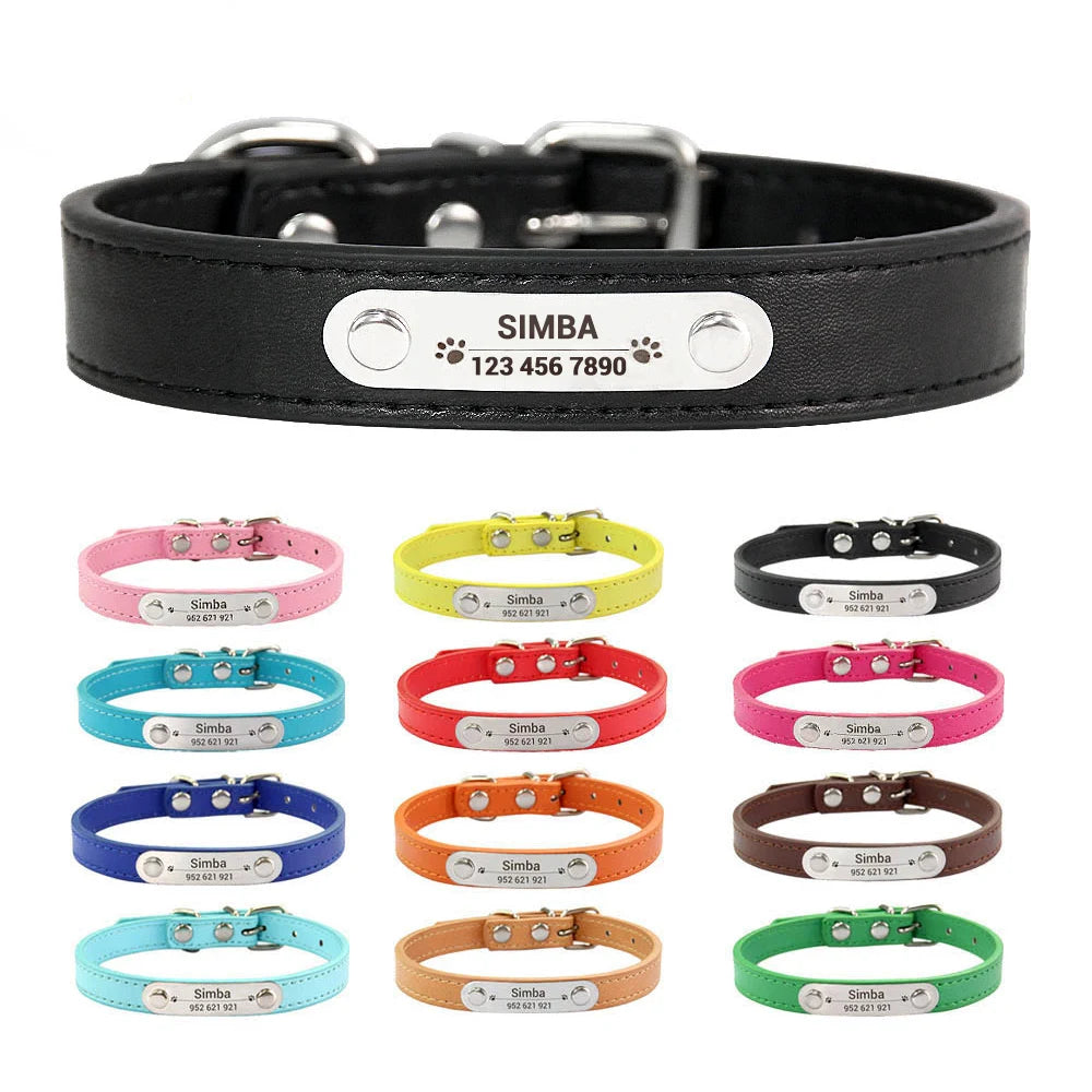 Personalized Dog & Cat Collar Engraved PU Leather ID Collar