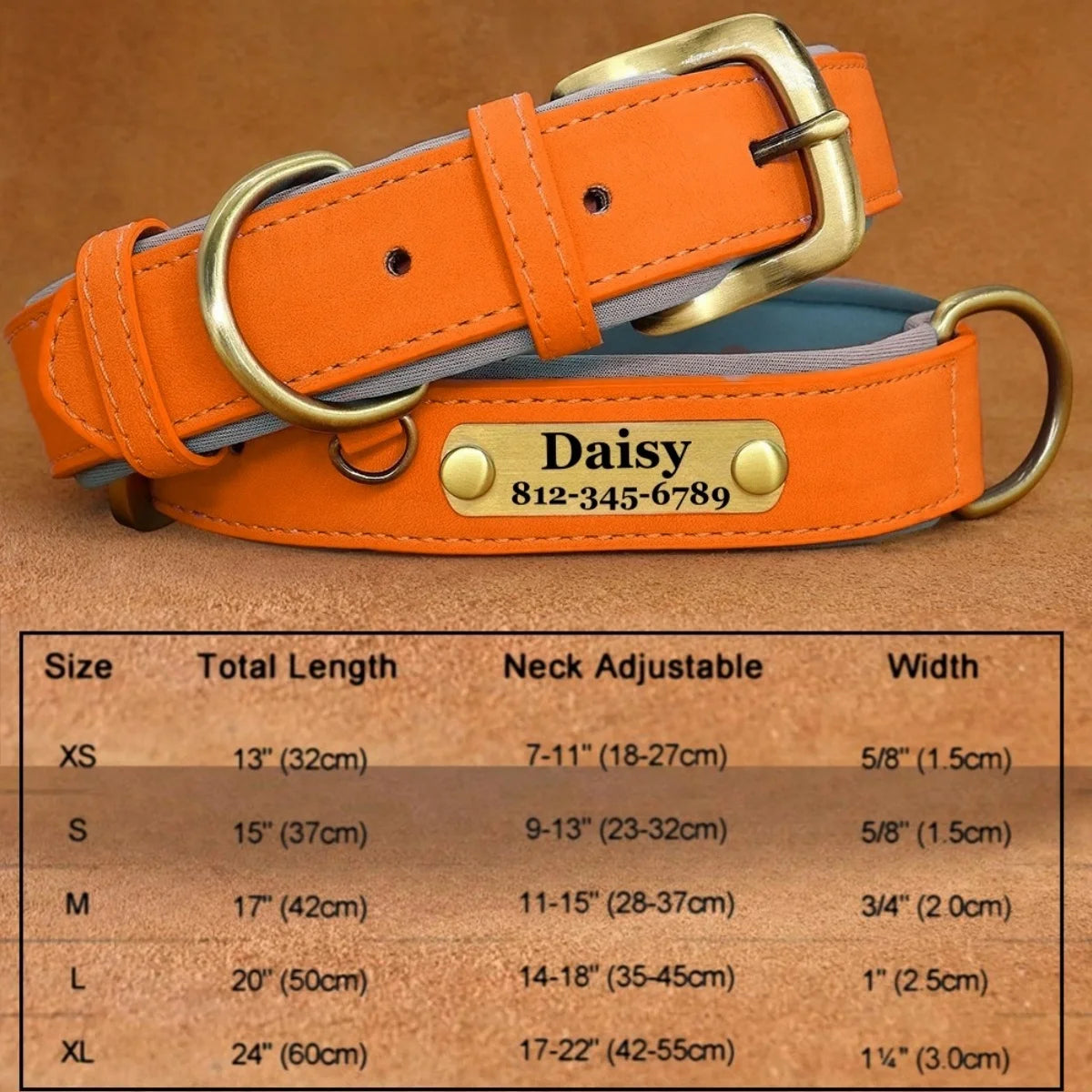 Customizable Leather Dog Collar Engraved Nameplate & ID Tag